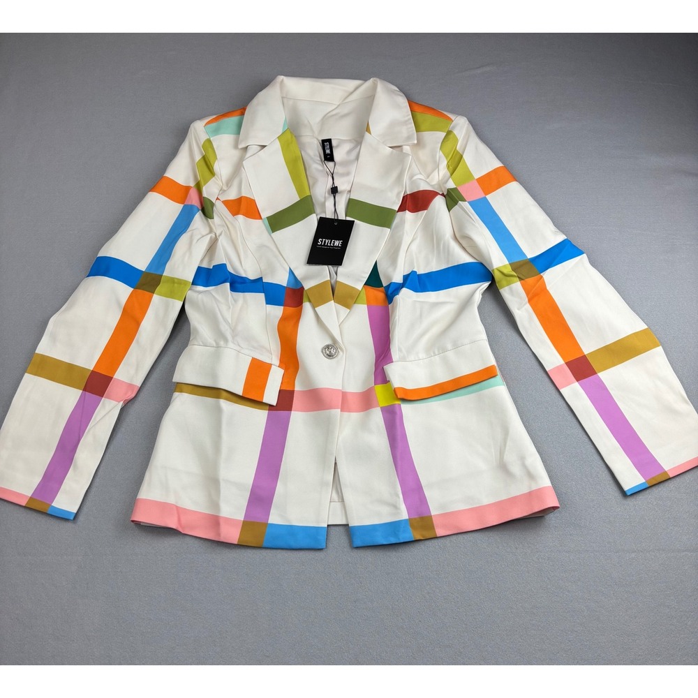 Stylewe Geometric Plaid Blazer Jacket Size L NWT Colorful Check Single Button